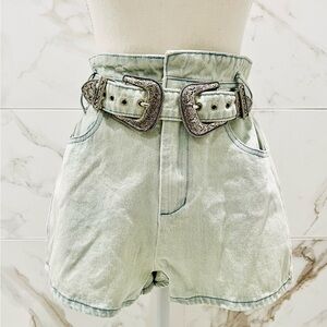 Le Lis Light Blue High Waist Denim Shorts with Belt